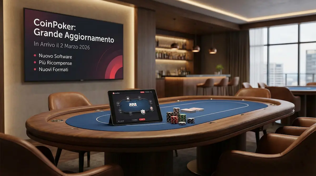 Schermo in una sala da poker di lusso che annuncia il "Grande Aggiornamento" di CoinPoker previsto per il 2 Marzo 2026, con un tablet sul tavolo che mostra l'interfaccia del nuovo software di gioco