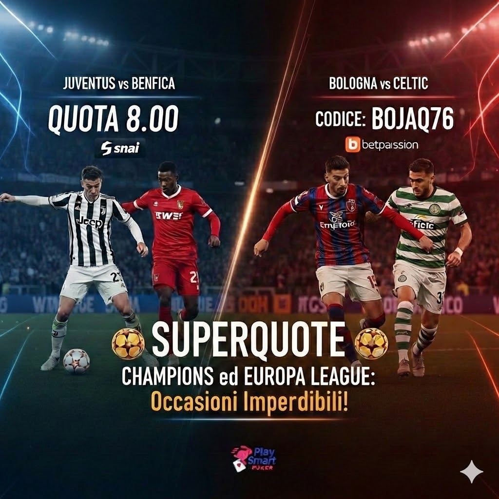 Grafica promozionale divisa a metà dedicata alle scommesse calcistiche. A sinistra, giocatori di Juventus e Benfica in azione con la scritta 'Quota 8.00 Snai'. A destra, giocatori di Bologna e Celtic con la scritta 'Codice: BOJAQ76 Betpassion'. In basso, al centro, il titolo 'Superquote Champions ed Europa League: Occasioni Imperdibili!' su sfondo scuro con effetti neon
