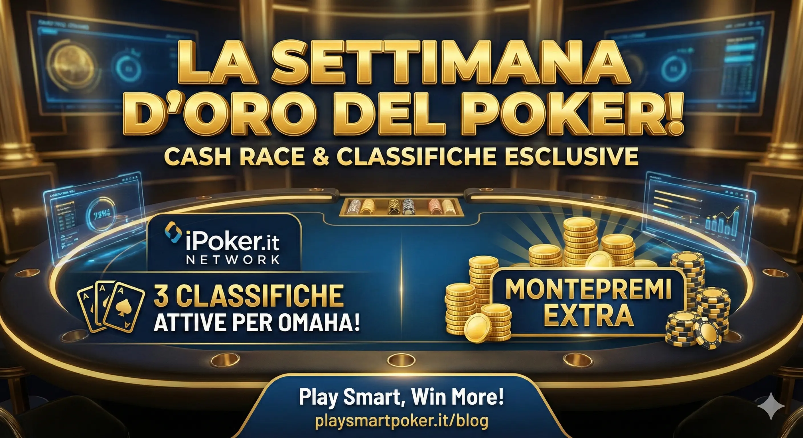 Grafica promozionale Settimana d'Oro iPoker: tavolo da gioco con fiches e banner per Cash Race Network e Classifiche Esclusive Lottomatica, Goldbet e Planetwin365