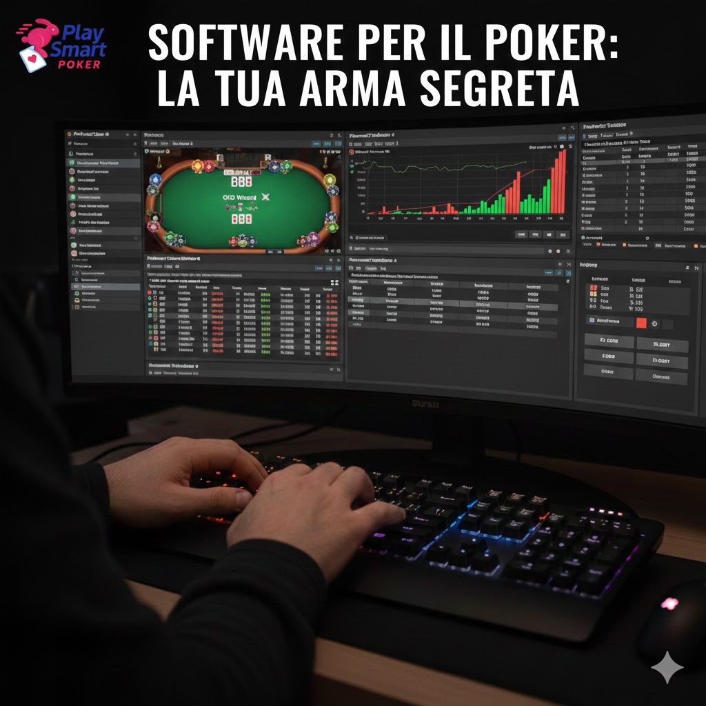 Schermata della sezione software di PlaySmart Poker con icone che rappresentano ingranaggi, CPU e interfaccia utente, simboli degli strumenti di studio per il poker.