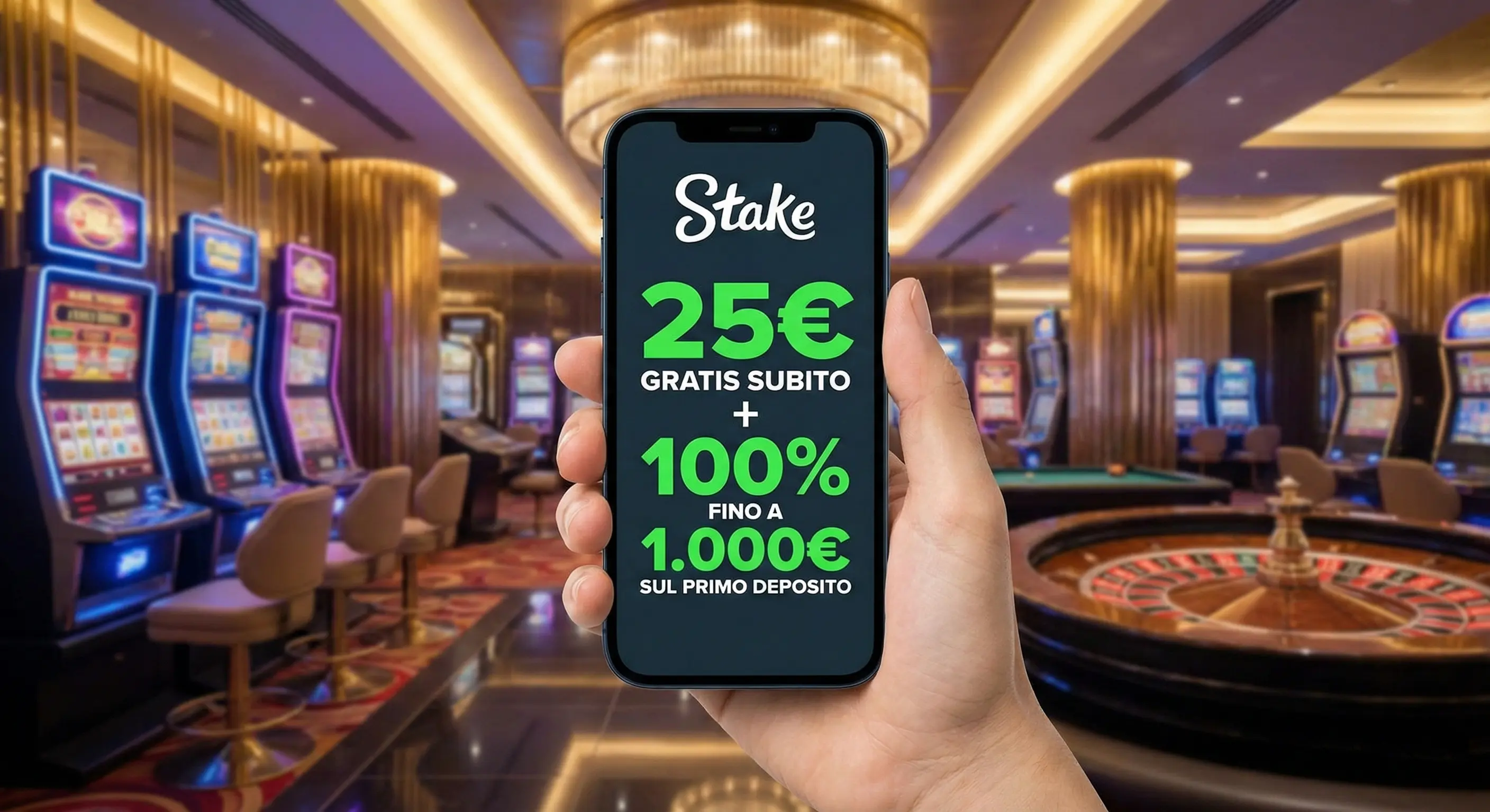 Smartphone mostra il Bonus Benvenuto Stake Casino: 25€ gratis e 100% sul deposito fino a 1.000€, su sfondo sala slot machine sfocato