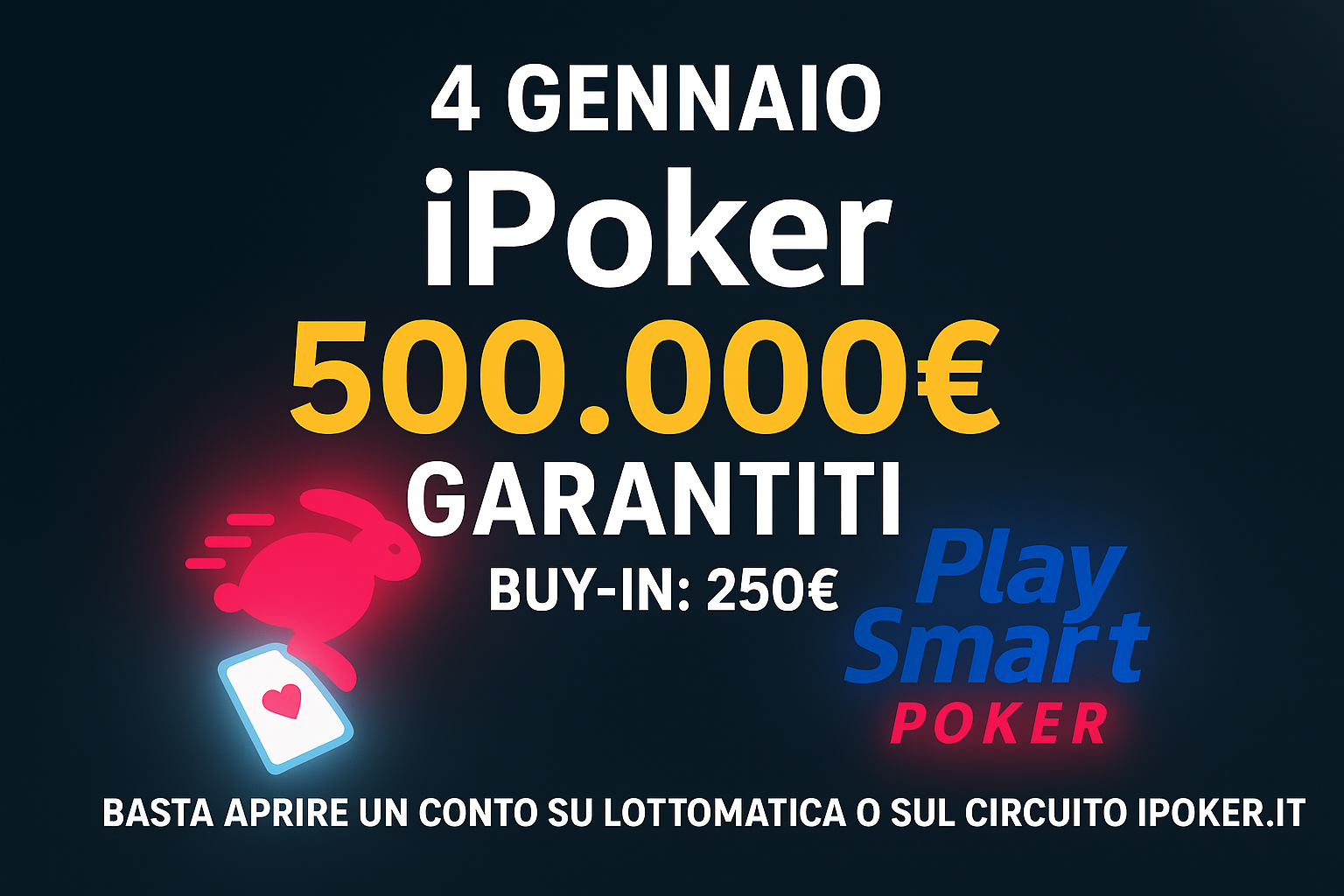 Grafica del torneo iPoker del 4 gennaio con 500.000€ garantiti, buy-in 250€ e logo Play Smart Poker