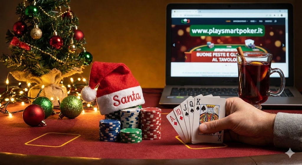 Tavolo da poker natalizio con una mano che mostra una scala reale, fiches, vino caldo e un cappello di Babbo Natale. Sullo sfondo, un laptop mostra la homepage del sito www.playsmartpoker.it con un banner di auguri di buone feste.