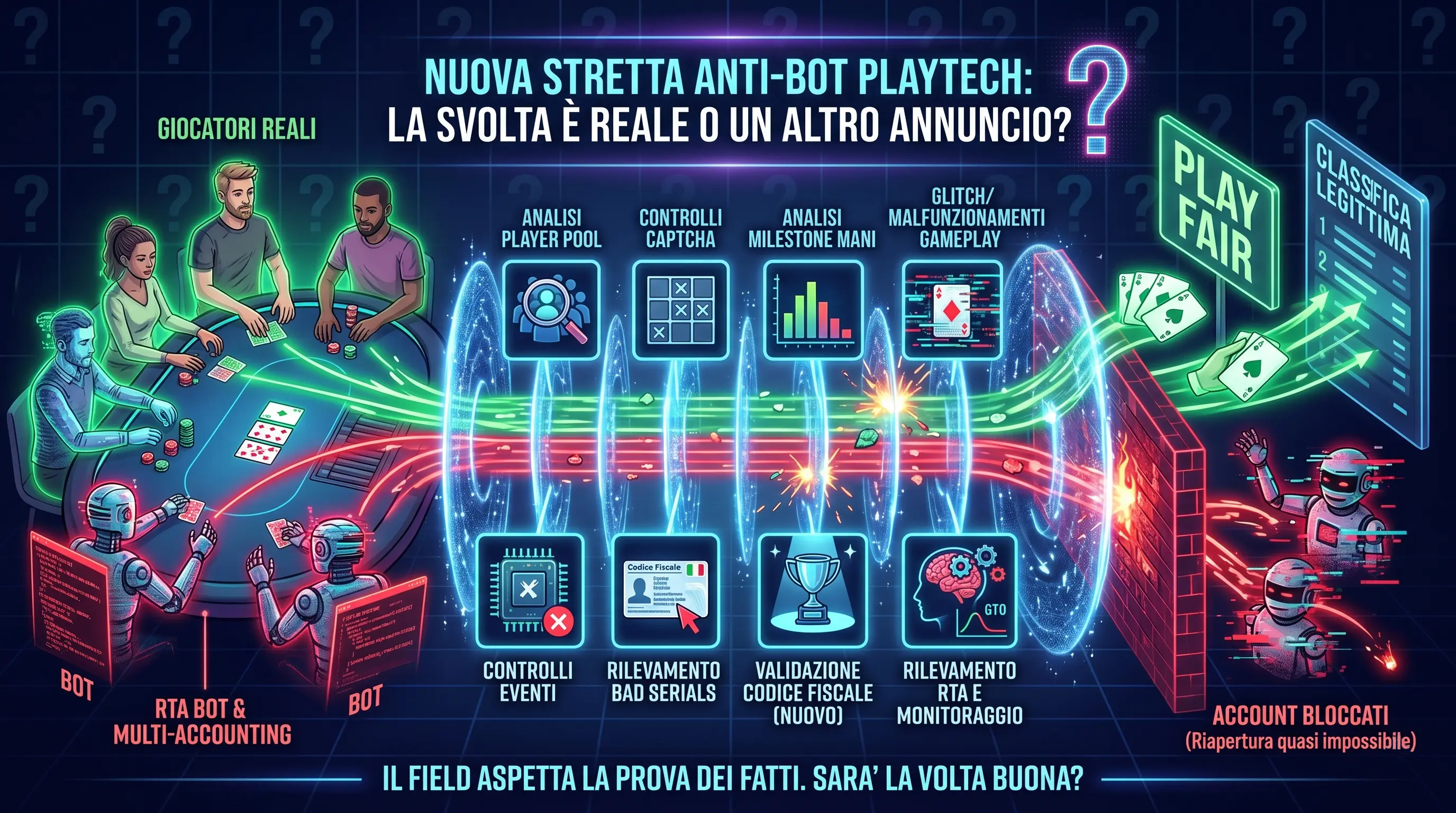 Dettaglio di un tabellone olografico digitale futuristico con la scritta luminosa cyan "CLASSIFICA LEGITTIMA", a simboleggiare un ambiente di gioco equo e privo di bot.