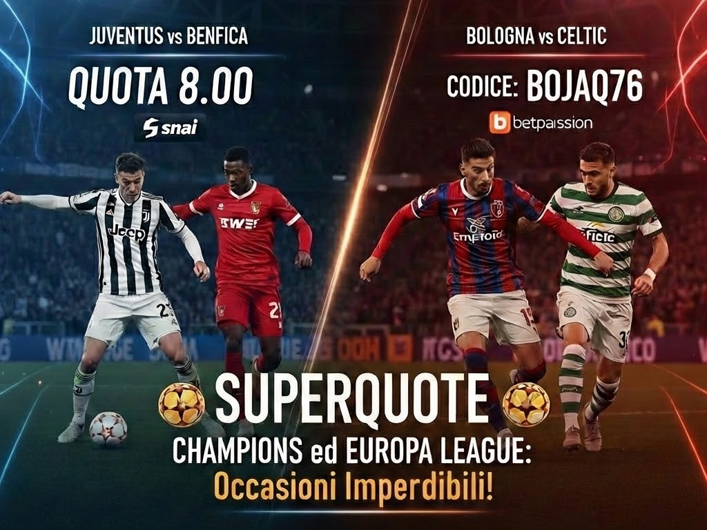 Grafica promozionale divisa a metà dedicata alle scommesse calcistiche. A sinistra, giocatori di Juventus e Benfica in azione con la scritta 'Quota 8.00 Snai'. A destra, giocatori di Bologna e Celtic con la scritta 'Codice: BOJAQ76 Betpassion'. In basso, al centro, il titolo 'Superquote Champions ed Europa League: Occasioni Imperdibili!' su sfondo scuro con effetti neon