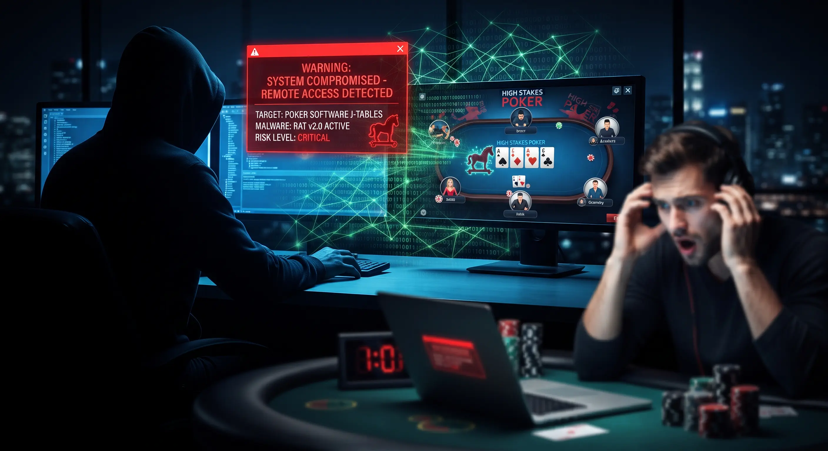 Illustrazione digitale concettuale sulla violazione della sicurezza nel poker online: a sinistra una silhouette di hacker con codice verde, a destra un giocatore high stakes con cuffie appare scioccato mentre il suo schermo mostra un alert 'Sistema Compromesso' tramite il software di supporto J-Tables