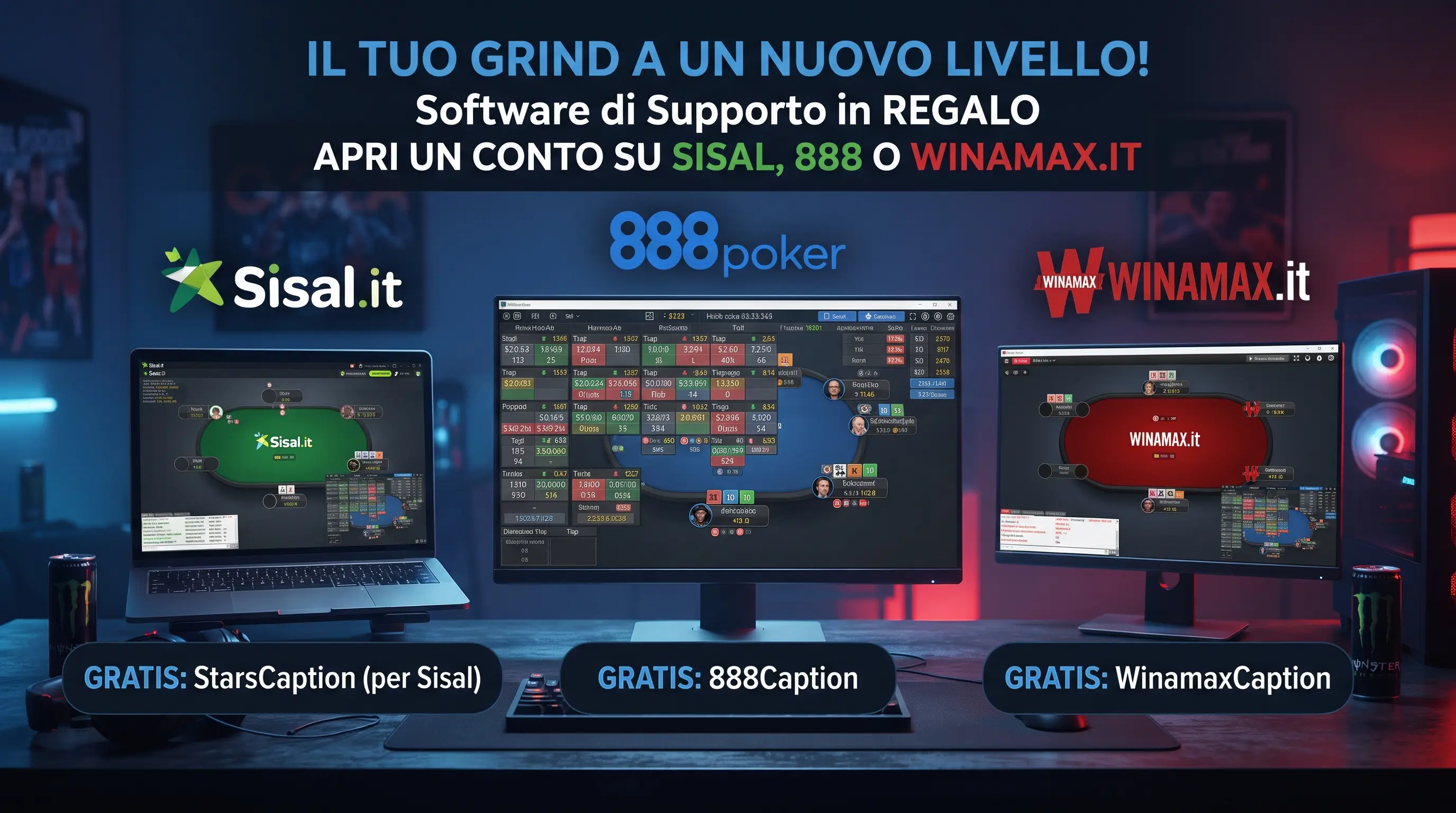 Banner promozionale per poker online che mostra l'offerta di software di supporto gratuiti (StarsCaption, 888Caption, WinamaxCaption) per i nuovi conti su Sisal, 888 e Winamax.
