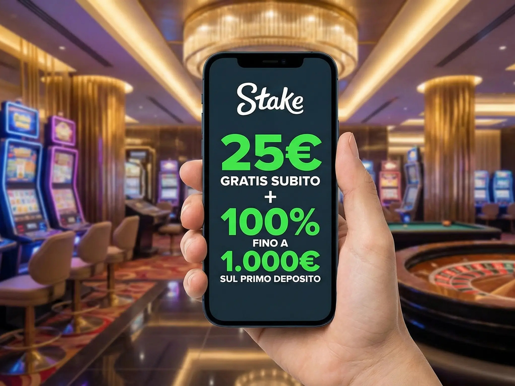 Smartphone mostra il Bonus Benvenuto Stake Casino: 25€ gratis e 100% sul deposito fino a 1.000€, su sfondo sala slot machine sfocato