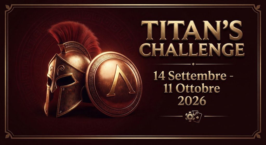 Banner grafico con elmo e scudo spartano in stile bronzo e la dicitura "Titan's Challenge - 14 Settembre - 11 Ottobre 2026".