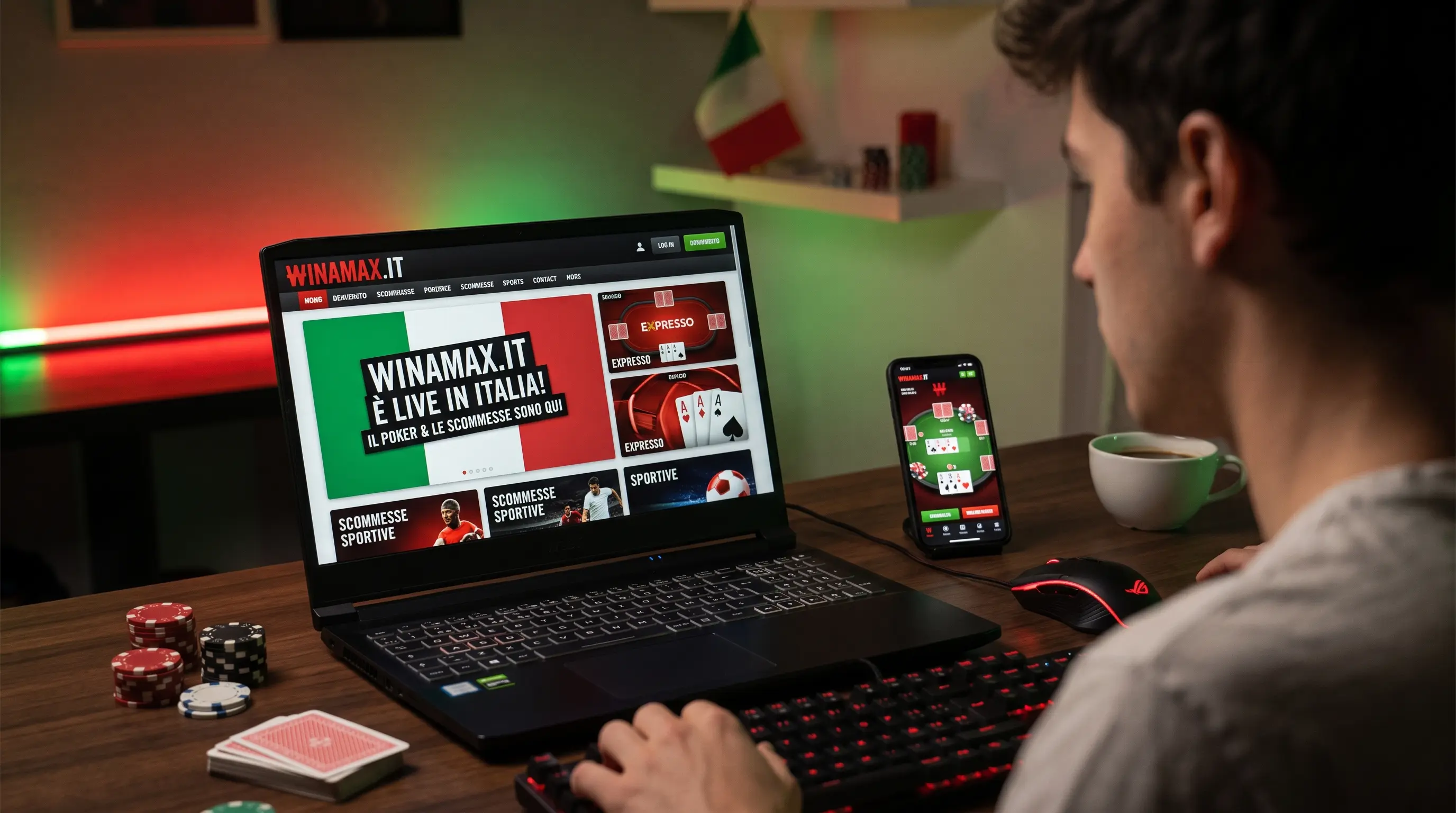 Winamax.it live in Italia: schermata del sito con poker Expresso e scommesse sportive su laptop e mobile
